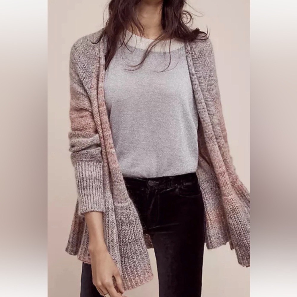 Anthropologie Knitted & Knotted Cody Peplum Cardigan Grey Pink Mohair Wool XS